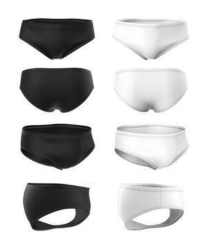Set of black and white men's underpants, swimming trunks. Men's underwear. Templates clothes, mock up. Front, back, side view. 3D illustration isolated on white background.