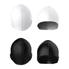 Black and white rubber swimming cap. Front and back view. Blank template, mocap for logo. 3d realistic illustration isolated on white background.