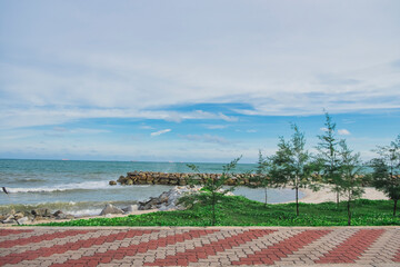 The creeper at the coast, a footpath in the foreground, and the cloud of the blue sky behind.