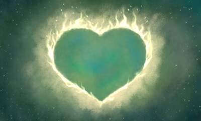 green abstract background with burning heart. Mystical background with a burning flame of the heart.