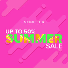 summer sale modern color design template banner or poster. Vector Summer sale label with typographic text isolated on abstract pink background