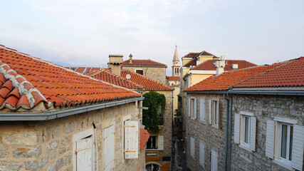 Houses with red tiled roofs, Montenegro, Terracotta tiles on the roof.