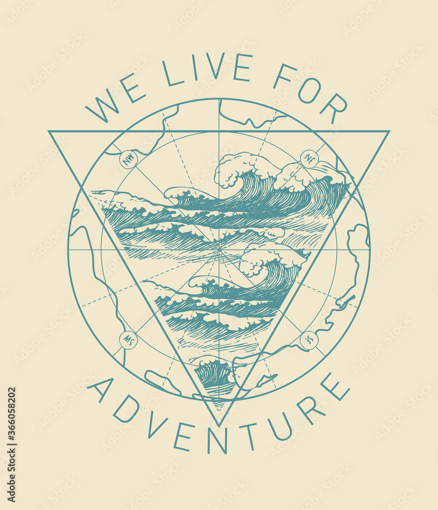 Poster hand-drawn illustration with an old map and a triangle with waves in retro style. world oceans day. 