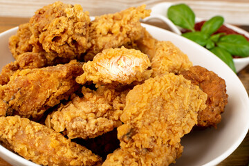 Breaded Fried Chicken Wings, Fingers and Drumstick