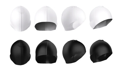 Sports headgear for swimming. Rubber cap for swimming. Set in black and white, front, back, side view. 3d realistic illustration isolated on white background.