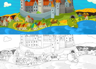 cartoon scene with sketch with medieval castle near the river - illustration