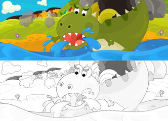 Cartoon dragon with sketch drinking the water near the cave illustration