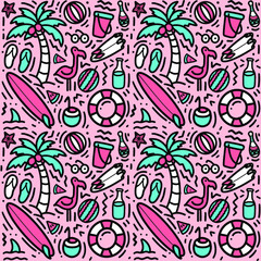 Seamless pattern with summer elements. Creative vector texture with palm, coconut, watermelon, sandals, surf, flamingo.