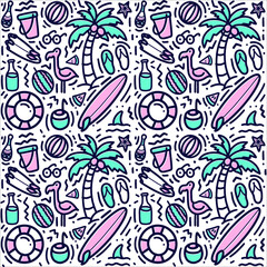 Colorful seamless summer pattern with hand drawn beach elements such as sunglasses, palm, watermelon slice, coconut, bottle, starfish, flamingo, lifebelt. Fashion print design, vector illustration