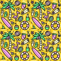 Colorful seamless summer pattern with hand drawn beach elements such as sunglasses, palm, watermelon slice, coconut, bottle, starfish, flamingo, lifebelt. Fashion print design, vector illustration