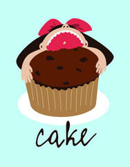 Little girl with appetite eats a cupcake with raisins. Delicious pastries. Flat illustration in cartoon style