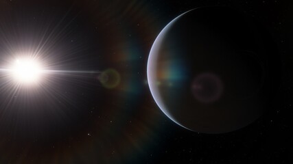science fiction wallpaper, cosmic landscape, realistic exoplanet, beautiful alien planet in far space, detailed planet surface 3d render