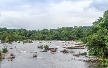 Beautiful nature view during Mansoon time with full filled water fall and green forest from the famous tourist place in Kerala, India called Athirappalli, Vaazhachaal