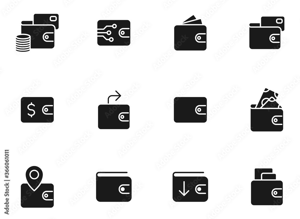 Poster wallet glyph vector icons isolated on white. wallet icon set for web design, mobile app, user interf