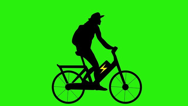 Animation: man on electric bike. Ecologic transportation concept. Green background. Eco Friendly concept. Chroma key, green screen