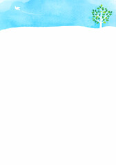 水彩の空と、白い鳩と木