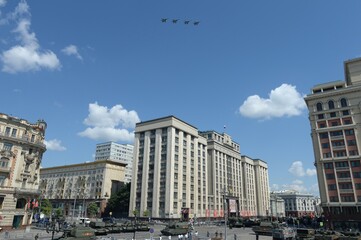 Obraz premium MIG-29 SMT fighters in the skies over Moscow during the parade dedicated to the 75th anniversary of Victory in the Great Patriotic War