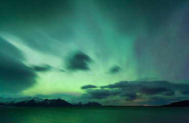 Northern lights, Jokulsarlon glacier lagoon, Southern Iceland, Iceland, Europe