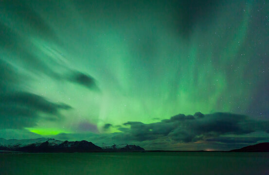 Northern lights, Jokulsarlon glacier lagoon, Southern Iceland, Iceland, Europe