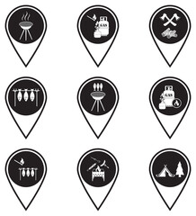 Set of map pointers with travel and camping equipment icons