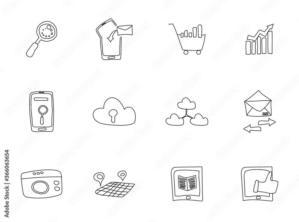 Poster seo and network hand drawn doodles isolated on white background. communication doodle icons for web 
