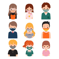 Collection of female and male avatar using a pattern cloth face masks. New normal lifestyle fashion. Flat style vector isolated on white background