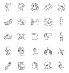coronavirus hand drawn linear vector icons isolated on white background. covid-19 coronavirus doodles for web and ui design, mobile apps and print products