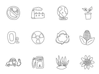 eco cartoon doodle icons isolated on white background. ecology doodles for web and ui design, mobile apps and print