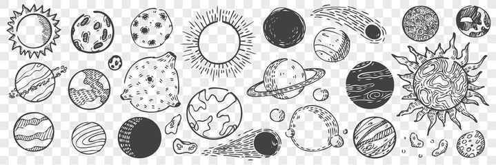 Hand drawn planets doodle set. © drawlab19