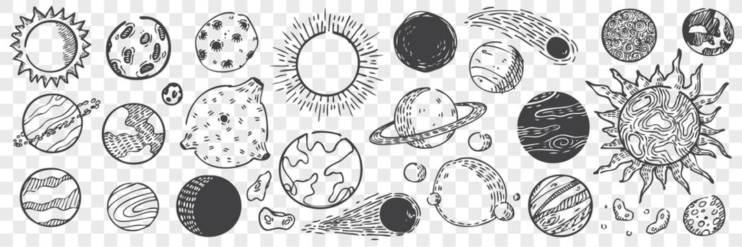 Hand drawn planets doodle set.