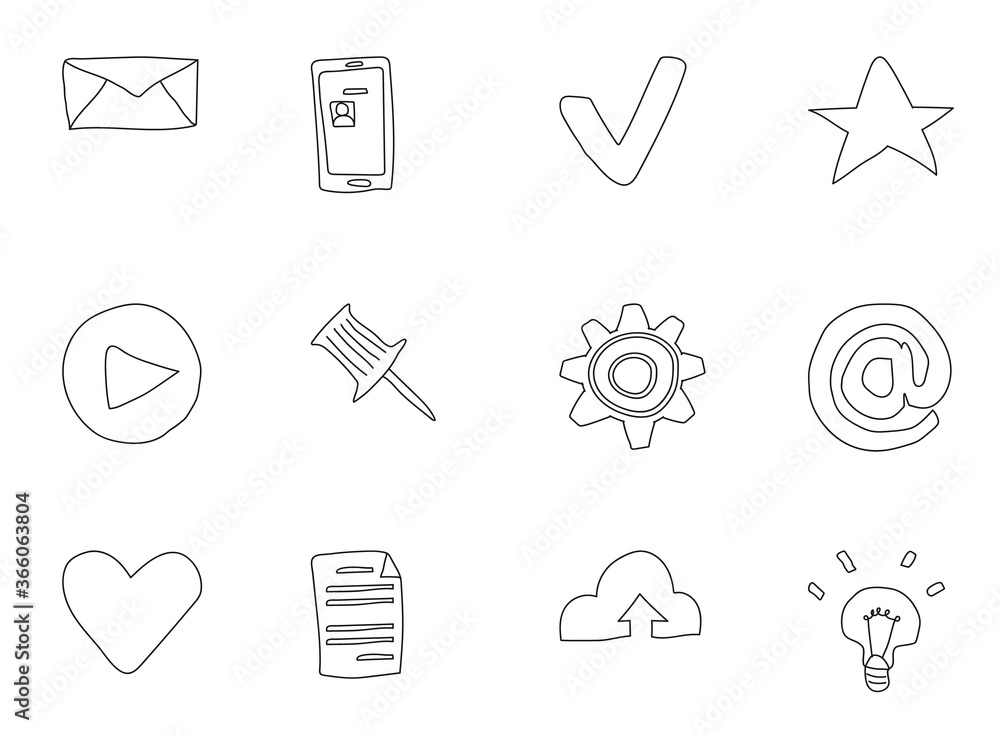 Poster media and communication doodles isolated on white. social media icon set for web design, user interf