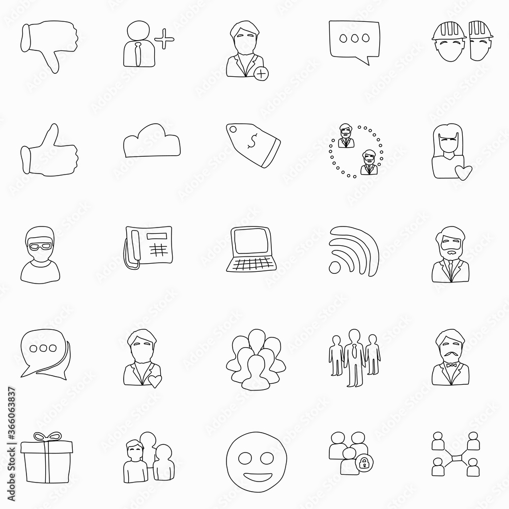 Poster social media hand drawn linear vector icons isolated on white background. social media doodle icon s