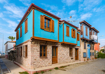 Colorful historical street view in Ayvalik Town.