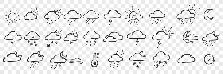 Hand drawn weather conditions doodle set