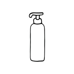 hand drawn dispenser bottle on white background.Bottle with dispenser airless pump. Hand sanitizer soap dispenser on white background. Cartoon vector illustration. Hand drawn, sketch 