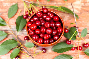 Bowl with ripe red cherries and cherry tree twigs on wooden background.