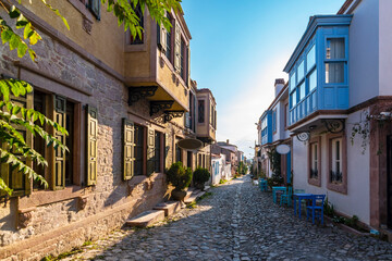 Colorful historical street view in Cunda Island of Ayvalik Town.