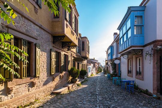 Fototapeta Colorful historical street view in Cunda Island of Ayvalik Town.