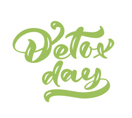Detox day calligraphy lettering text poster in doodle style. Hand drawn green brush stroke for smoothie or detox drink in the bottle. For cafe, social media blog