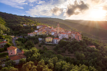 Obraz premium Village of Boscomare, fraction of Pietrabruna. Valley of San Lorenzo, District of Imperia, Liguria (Italy). Mediterranean. Olives cultivation.