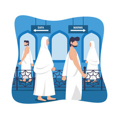 Hajj and umrah islamic pilgrimage ritual guide design. Flat style vector illustration of muslim characters walking saey beetwen safa and marwa.