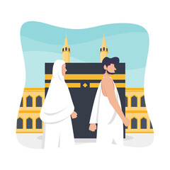 Hajj and umrah islamic pilgrimage ritual guide design. Flat style vector illustration of muslim characters performing tawaf at kaaba Al Haram mosque, Mecca.