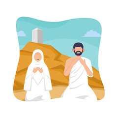 Hajj and umrah islamic pilgrimage ritual guide design. Flat style vector illustration of muslim characters praying at arafat mount.