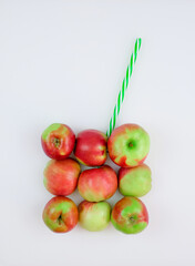 Creative concept of healthy apple juice. Top view.