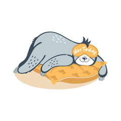 Vector illustration of a sloth bear sleeps on a pillow in a sleep mask. On the sleep mask, the inscription is not today. Isolated on white background. © Maryna