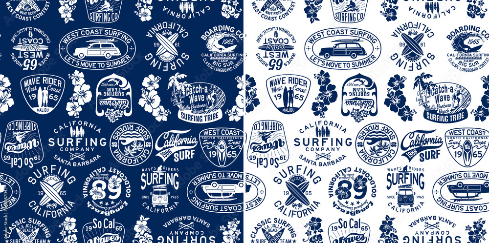 Sticker west coast california surfing company badges vector seamless pattern