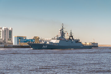 Military Corvette STOIKIY project 20380 passes near Kronstadt during the rehearsal of the naval parade. July 17, 2020.