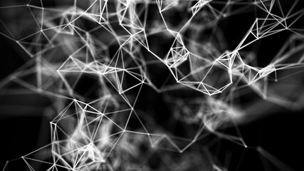 Composition of white lines and dots on a black background. A futuristic chaotic series. 3D rendering.