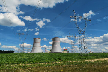 Nuclear power plant and cooling towers in Ostrovets, Grodno region, Belarus. High quality photo by...