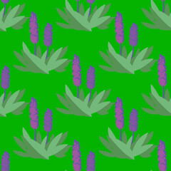 Vector seamless pattern with flowers violet color on green